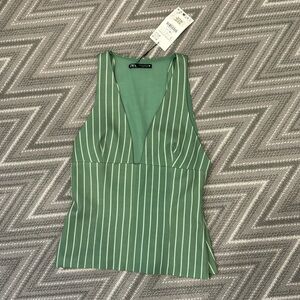 Zara Women’s Size small Green pinstriped deep plunge V neck sleeveless Top